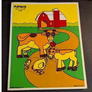 Vintage Playskool Farm Cows Wooden Inlay Tray Puzzle Barn Silo USA Made